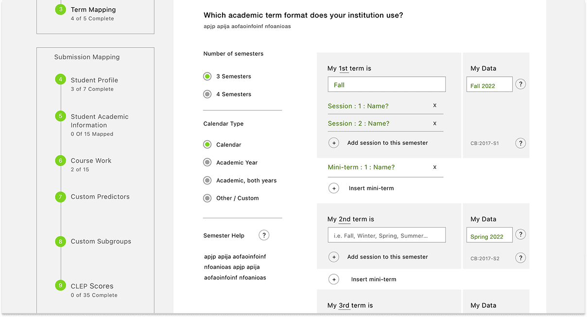 Term mapping interface showing calendar type selection