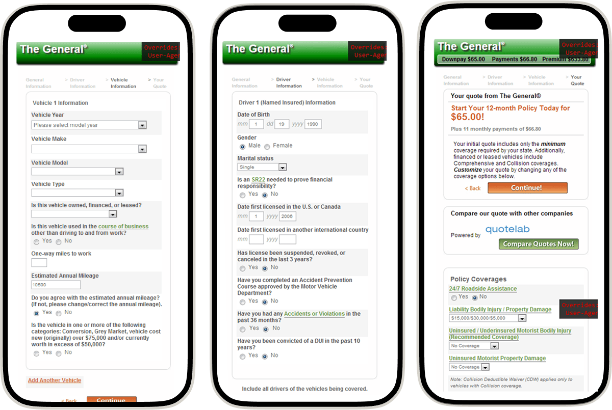 The General Insurance mobile screens showing user research findings